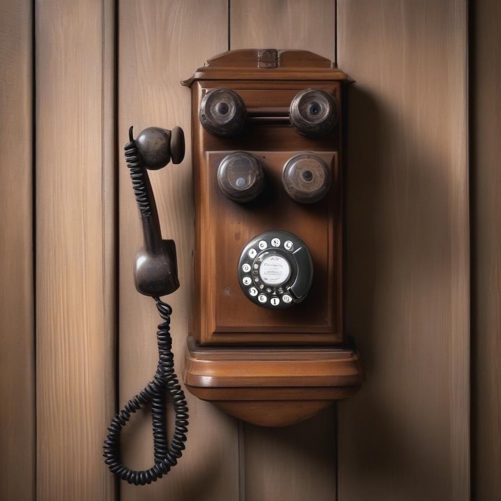 Antique Wooden Wall Phone Hanging on a Wall