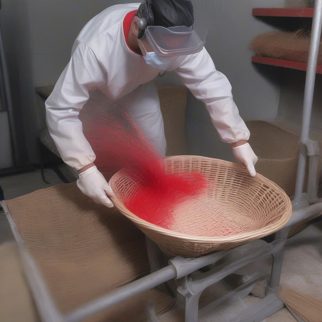 Applying flocked spray to a wicker basket