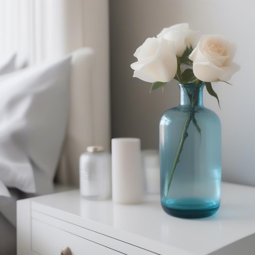 Aqua Blue Glass Vase on a Bedroom Nightstand