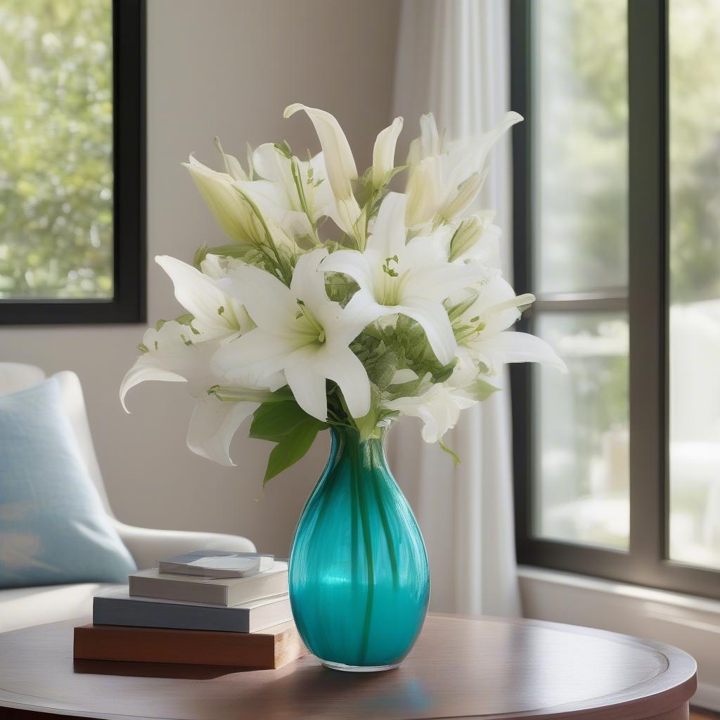 Aqua Blue Glass Vase in a Living Room Setting