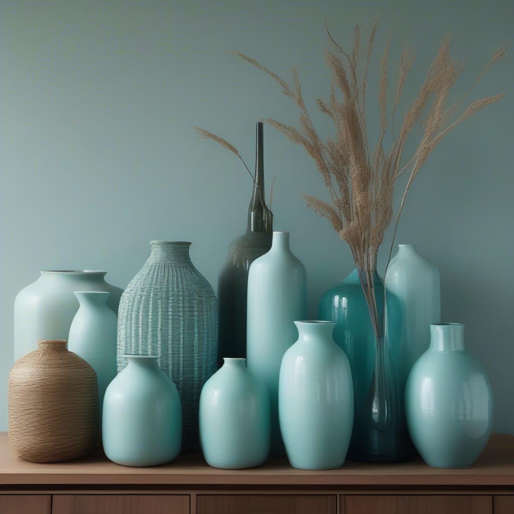 A collection of aqua vases in different shapes, sizes, and materials, showcasing their versatility in home decor.