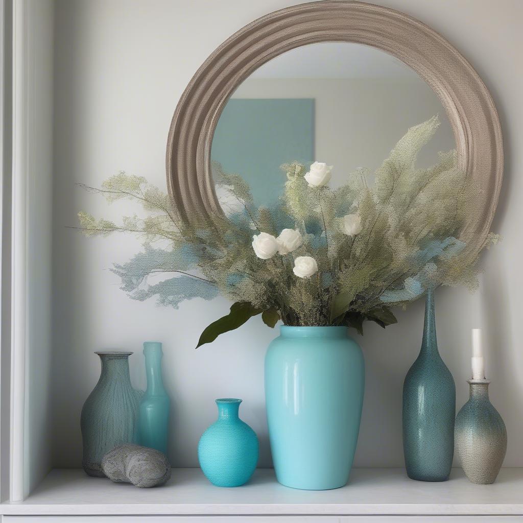 An aqua vase placed on a mantelpiece, showcasing its role as a statement piece in a living room setting.