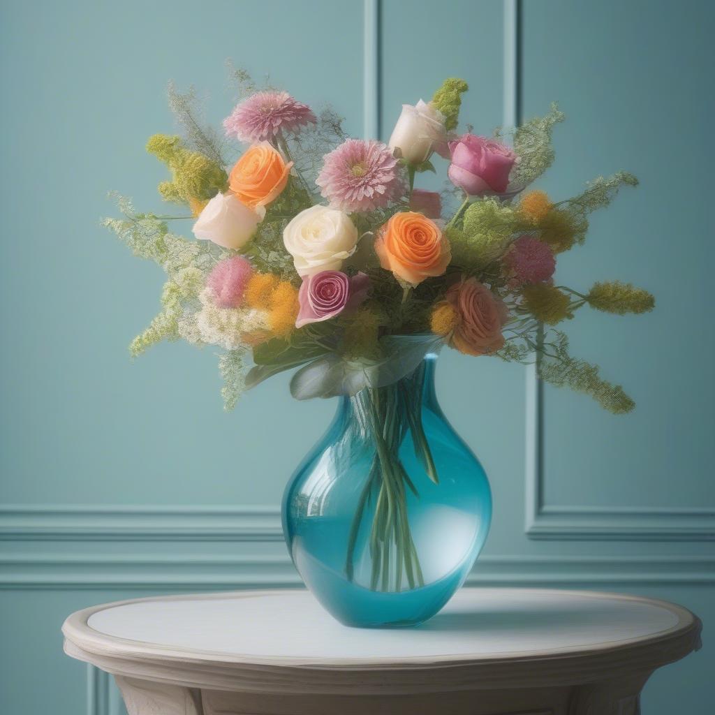 An aqua vase filled with a vibrant bouquet of flowers, highlighting the color contrast and enhancing the overall aesthetic.