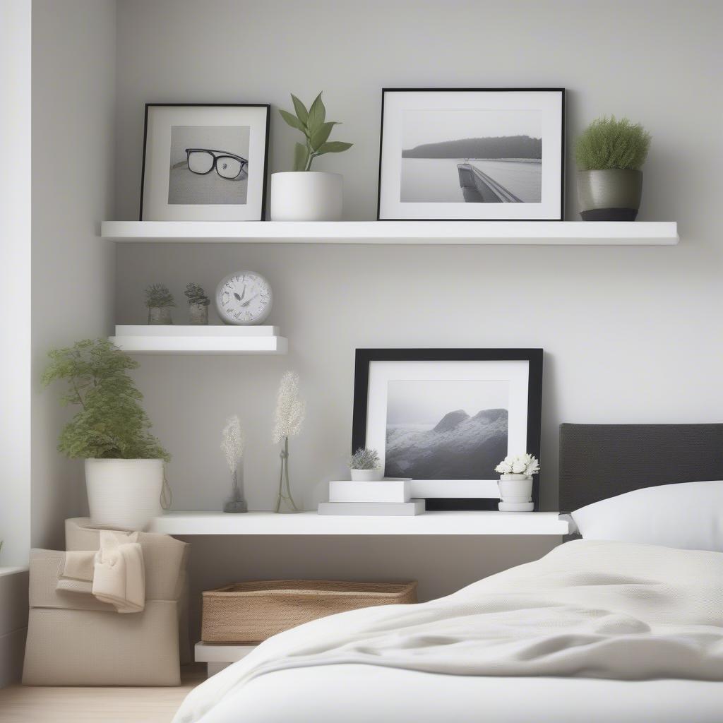 Arranging floating shelves with picture frames in a bedroom