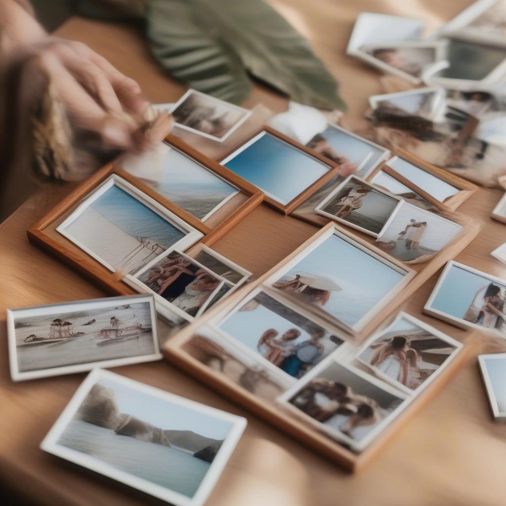 Arranging photos in a small collage frame, showcasing a mix of candid and posed shots