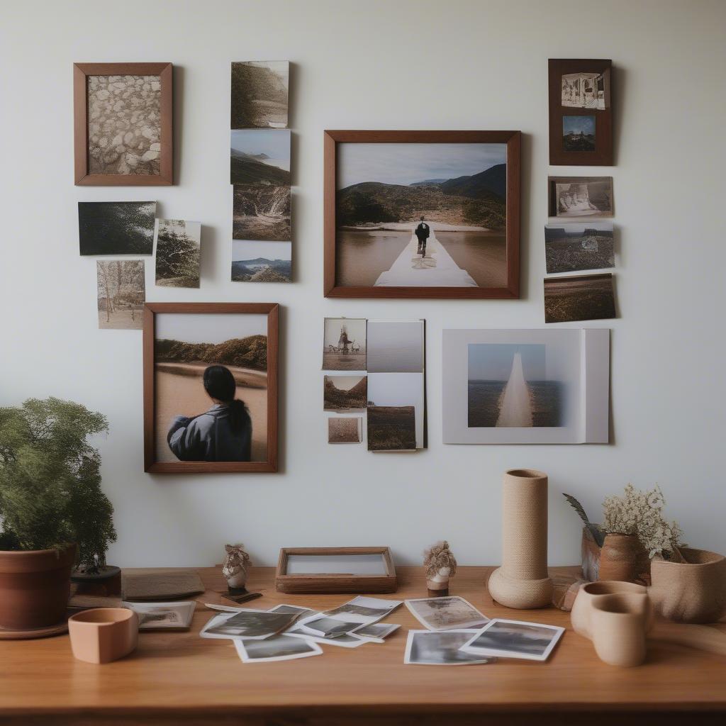 Arranging photos in a hanging collage picture frame.