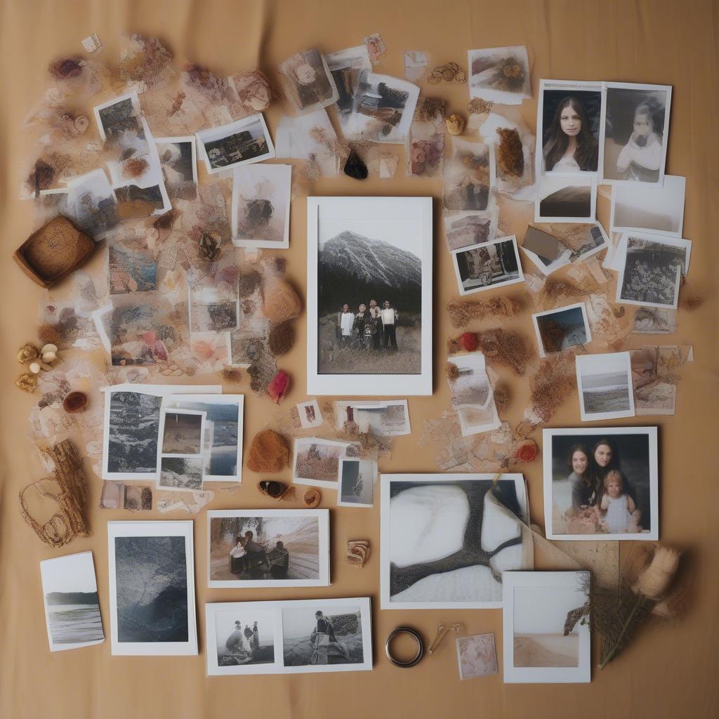 Various small photos arranged on a table, ready to be placed in collage picture frames