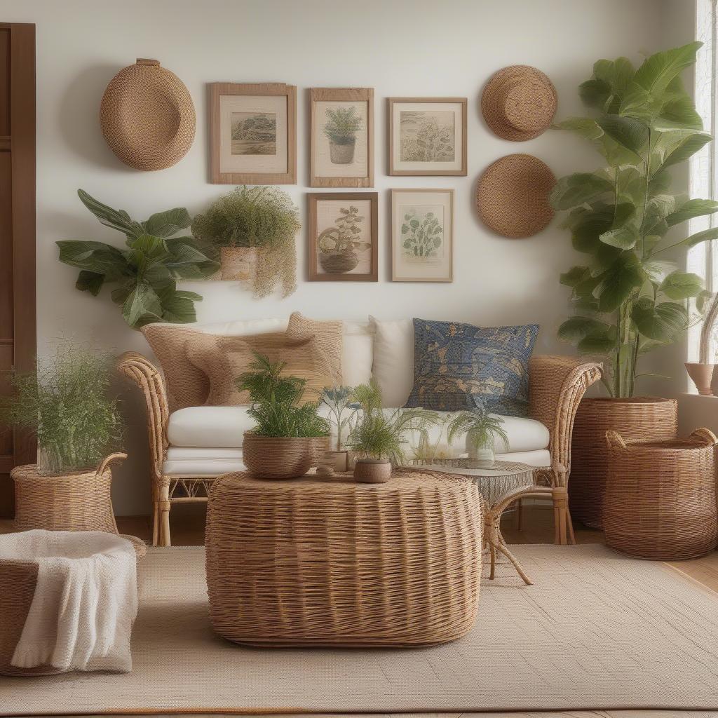 Art.com canvas prints displayed alongside various wicker baskets in a living room setting