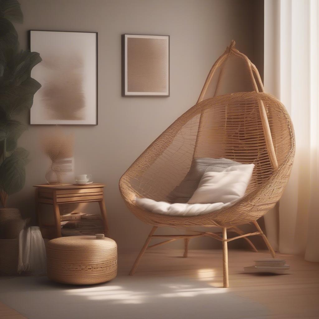 A person relaxes in a rattan chair, reading a book of inspiring quotes about art.