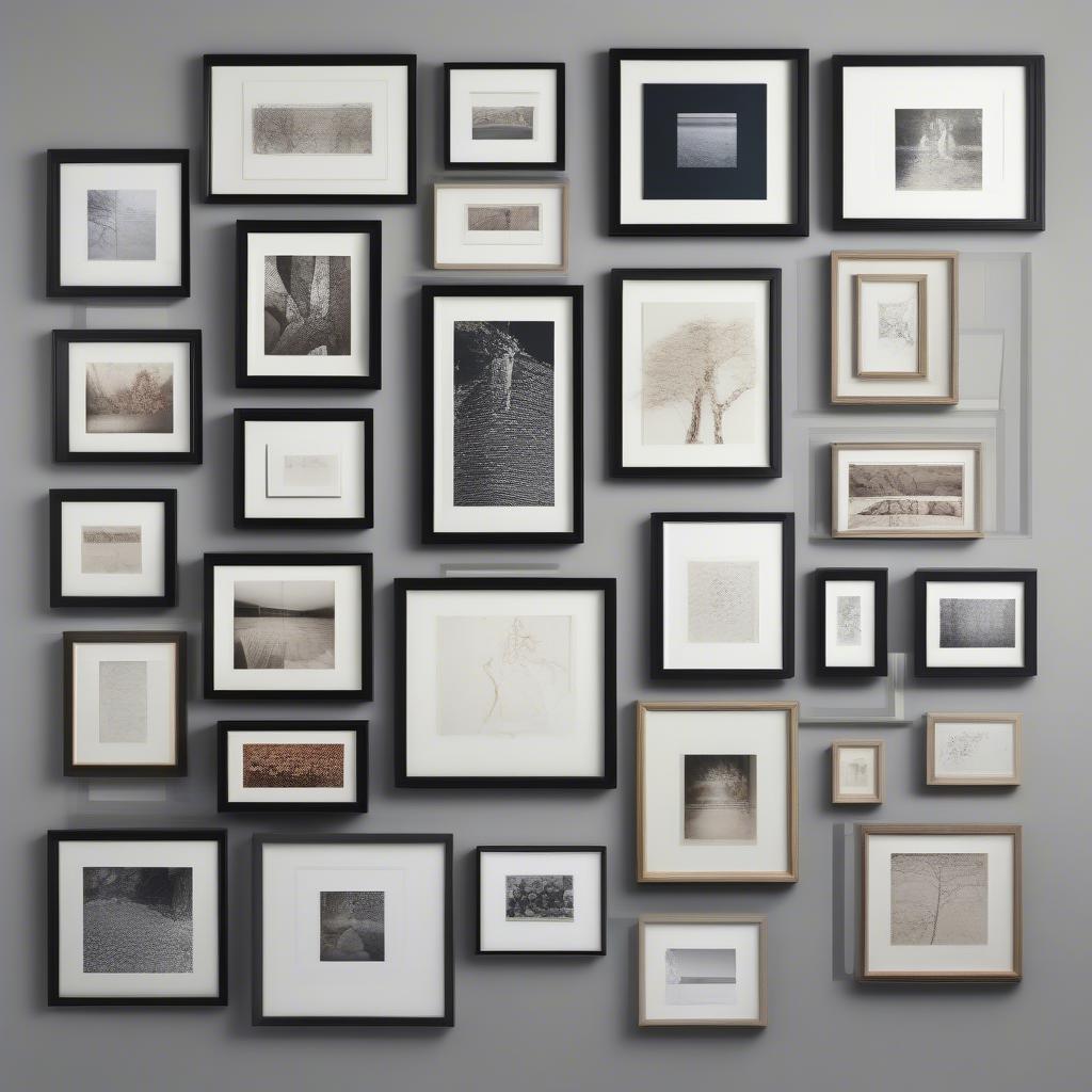 Various art wall layout designs illustrated on a grid, demonstrating different arrangement possibilities.