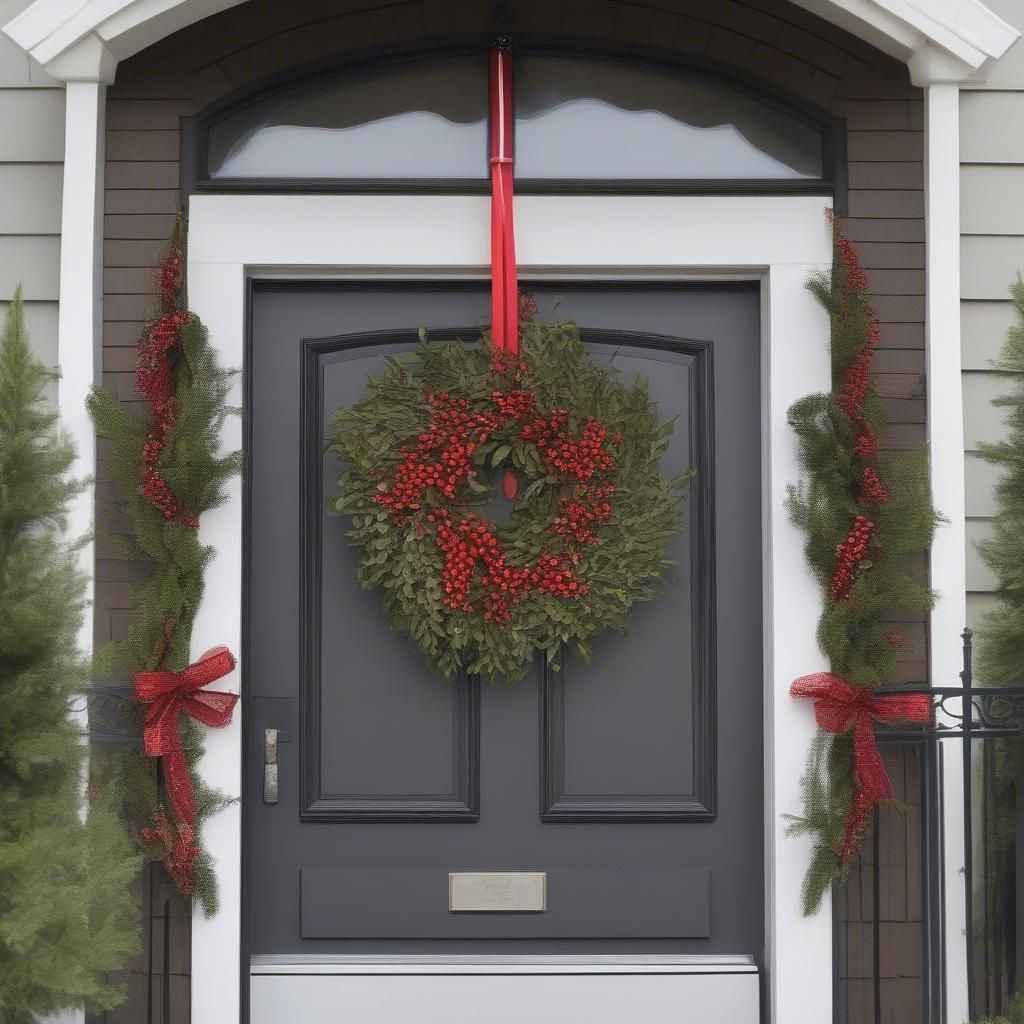 Artificial mistletoe wreath hanging on a door