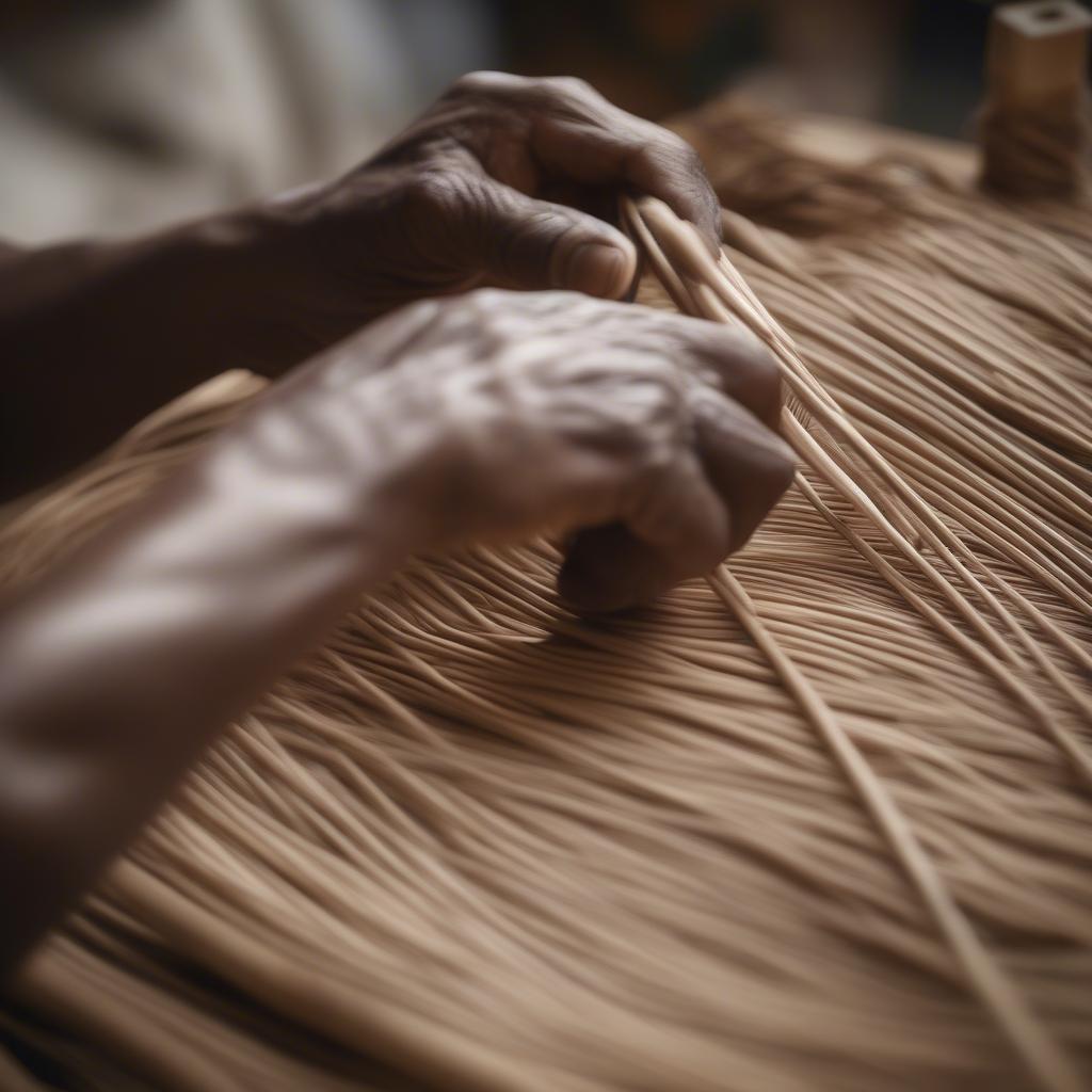 Skilled artisan crafting a rattan photo ornament, demonstrating the intricate weaving process.