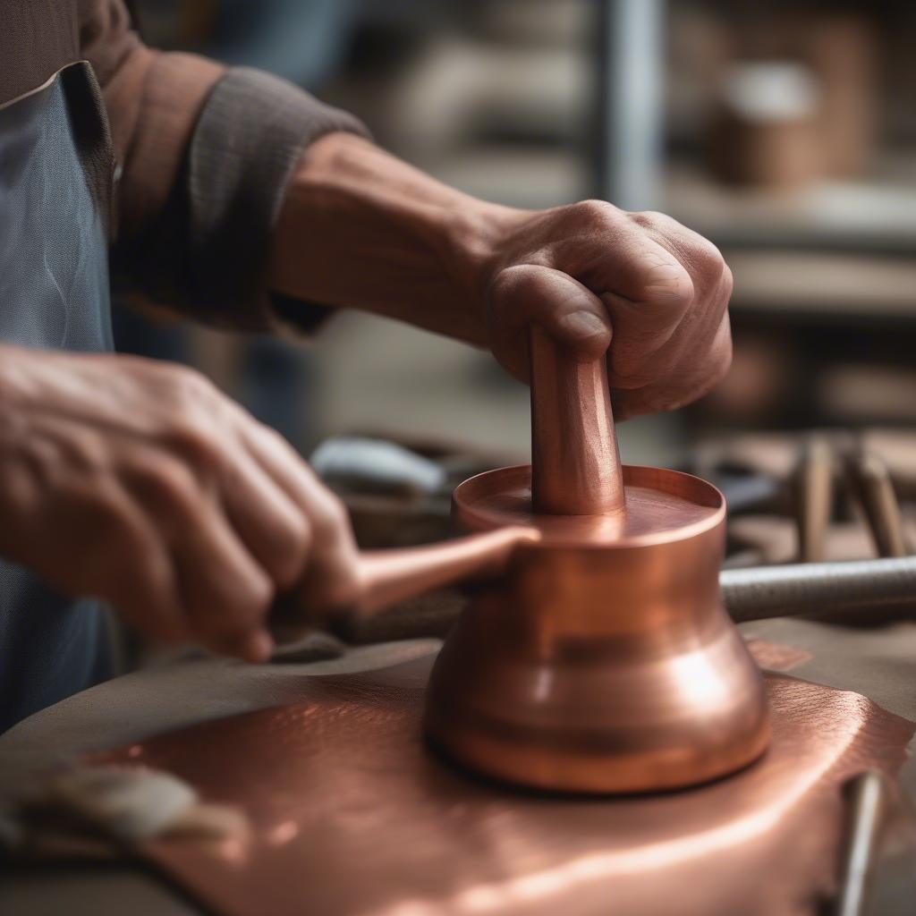 An artisan skillfully hammering a copper cup to create a unique textured pattern.