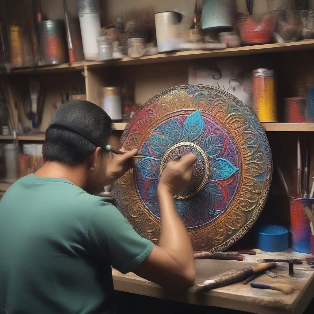 Artisan Hand-Painting a Metal Art Sign