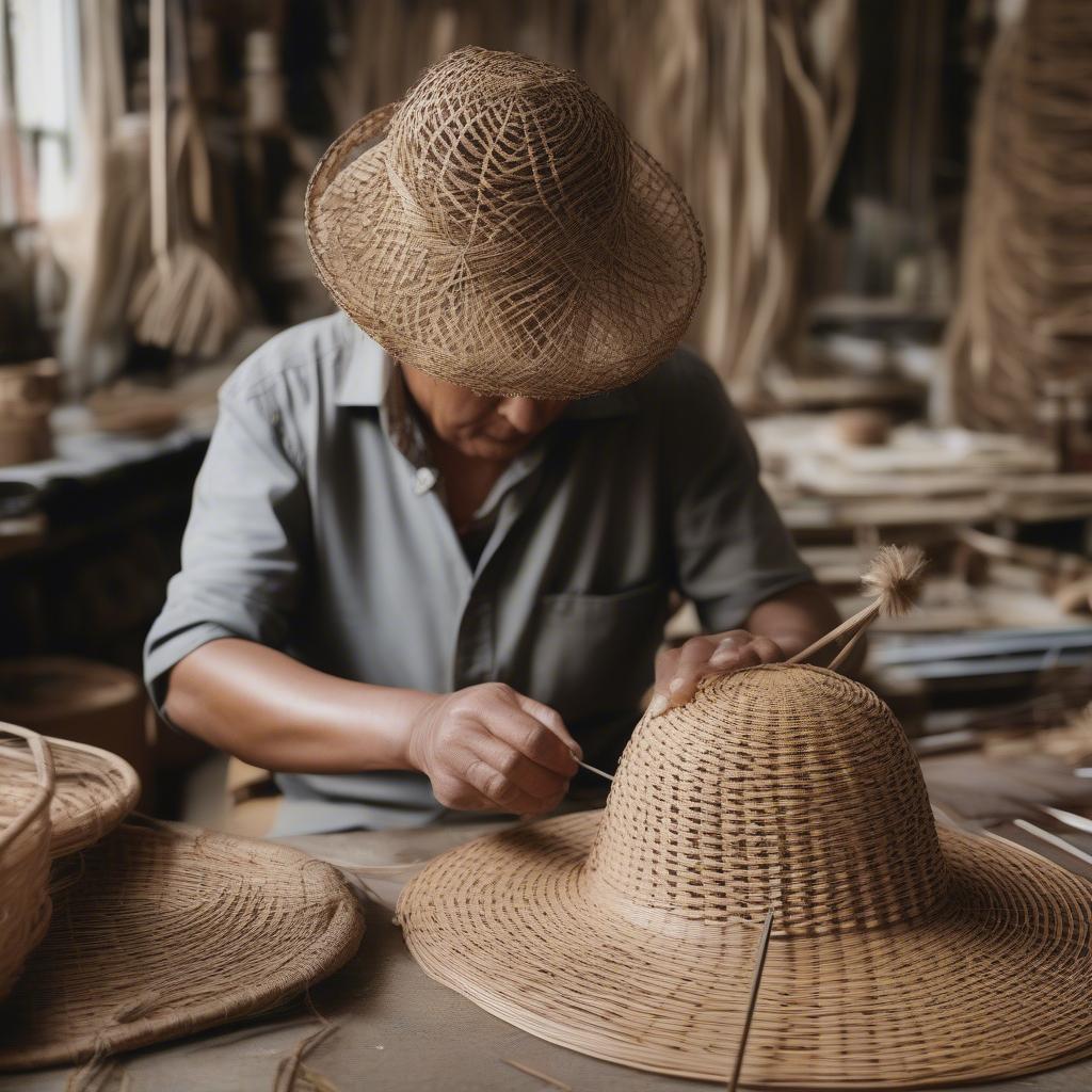 Artisan skillfully weaving an angel hat