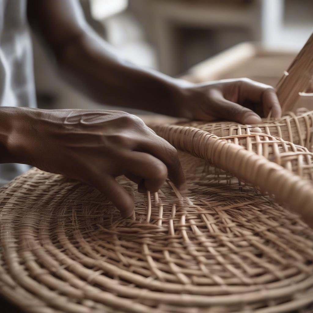 Artisan weaving Joshua 1:9 rattan art