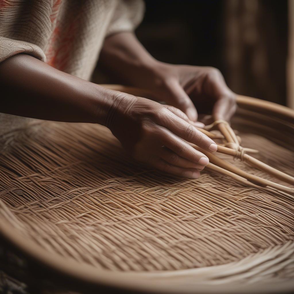 Artisan Weaving Rattan: A skilled artisan weaving rattan, showcasing the intricate craftsmanship and dedication to traditional techniques.