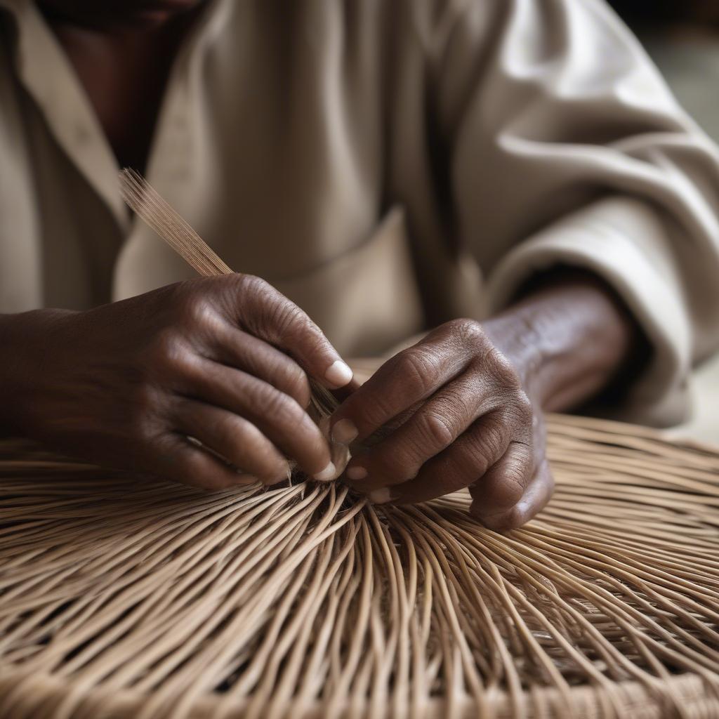 An artisan skillfully weaving a rattan basket, showcasing the intricate process.