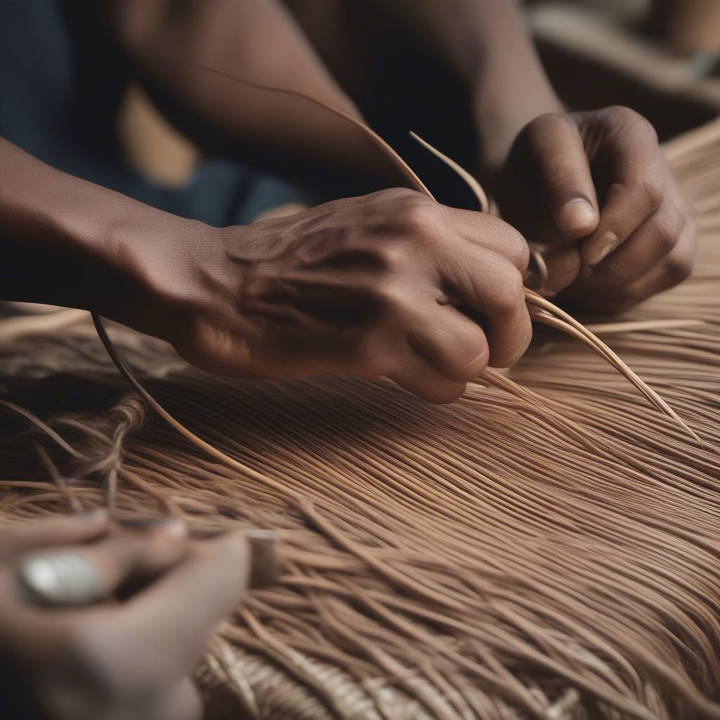 An artisan meticulously weaving a rattan wall art piece