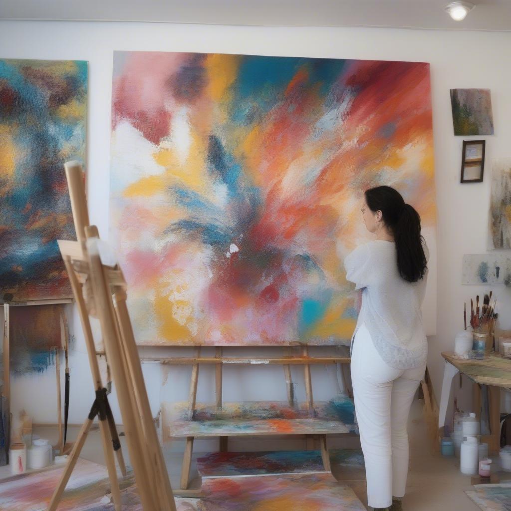 An artist working on a large inspirational canvas piece in her studio.