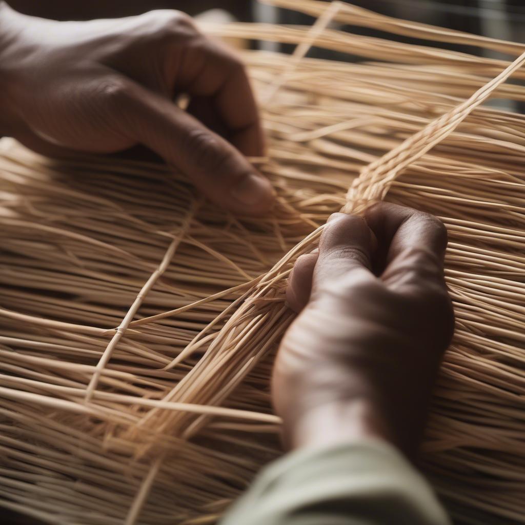 Artist's Hand Weaving a Rattan Basket