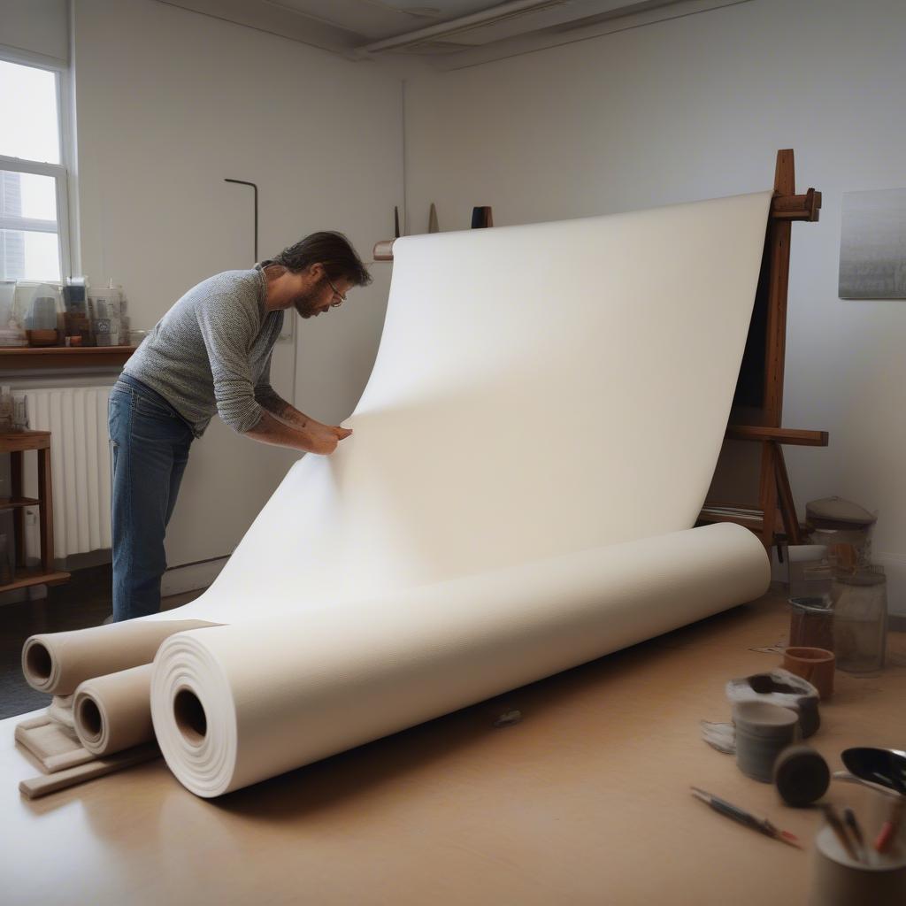 Artist Unrolling a Canvas Roll in their Studio