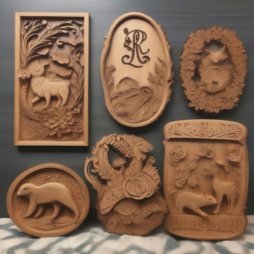 Hand-carved artistic wood signs showcasing intricate details and craftsmanship