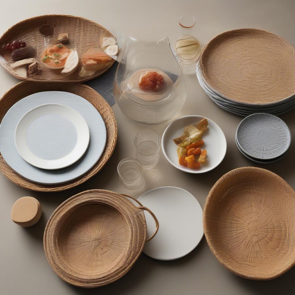 Assortment of appetizer plates in different materials and shapes