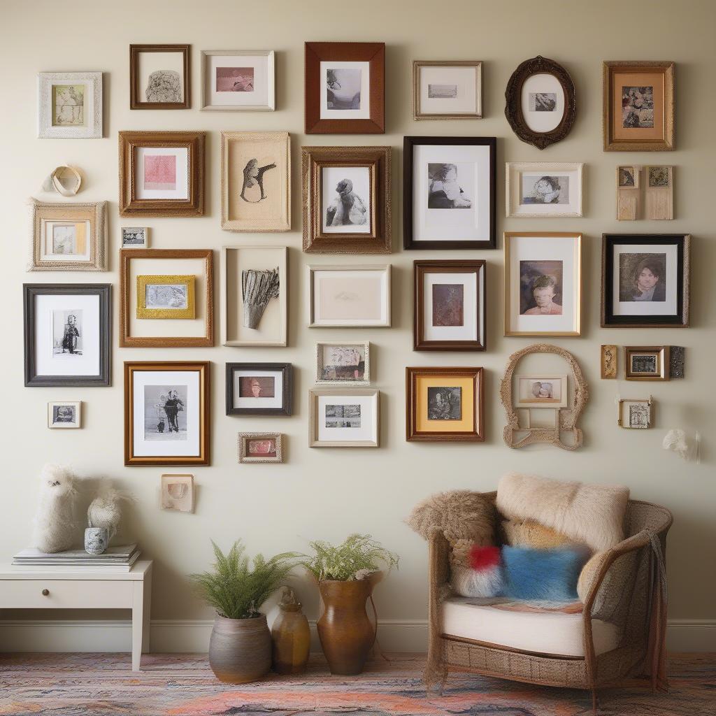 Assorted small picture frames creating a gallery wall