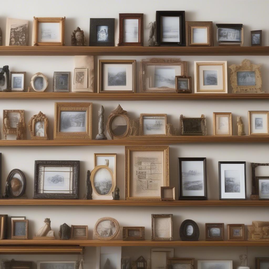 Assortment of small picture frames displayed on a shelf