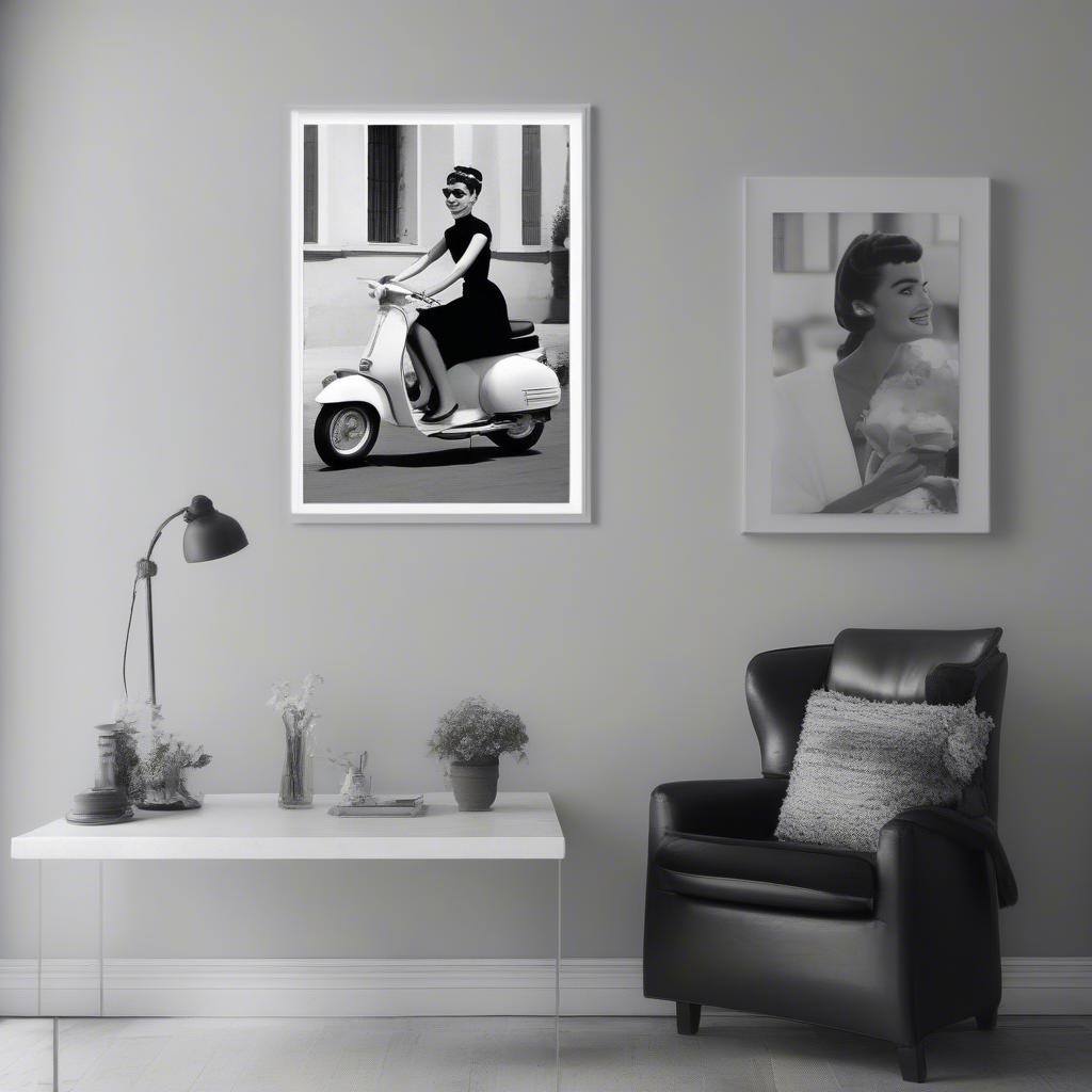 A framed photograph of Audrey Hepburn riding a Vespa in Roman Holiday, adding a playful touch to a home office setting.