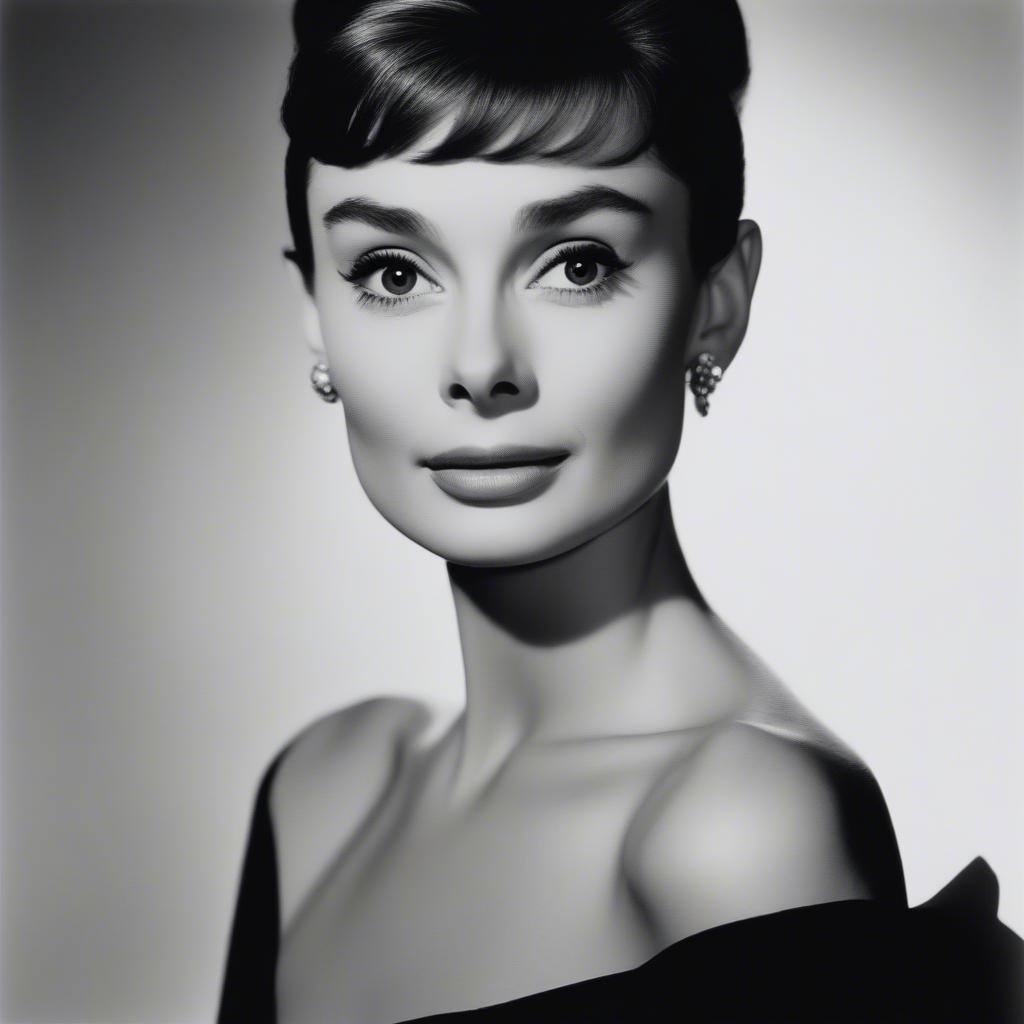 Audrey Hepburn in a classic Hollywood portrait, framed in a sleek black frame, adding a touch of timeless elegance to a modern living room.