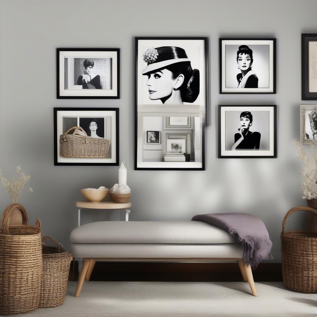 A gallery wall featuring Audrey Hepburn prints and woven baskets