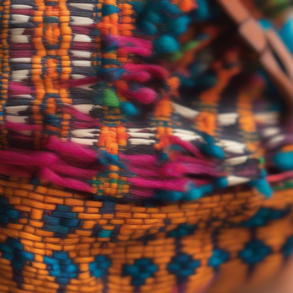 Close-up view of the intricate weaving and vibrant colors of an Aztec tote bag.