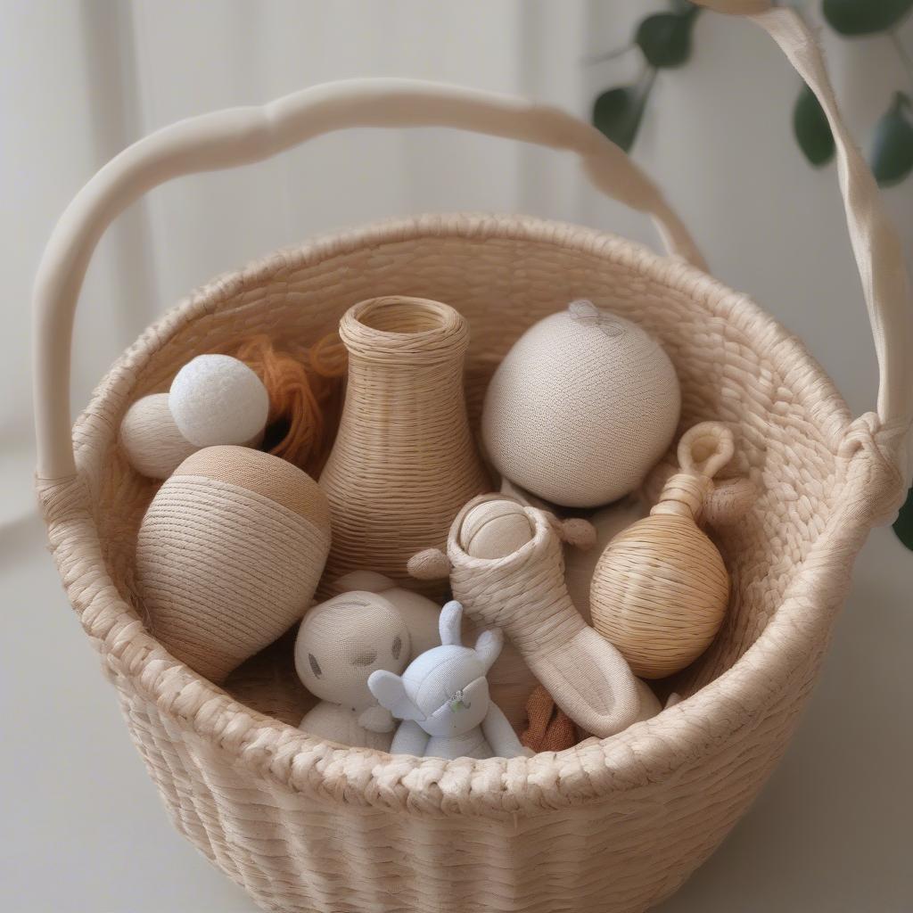 Baby rattles neatly organized in a wicker basket