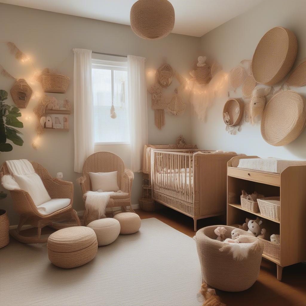 Baby room wall decorated with wicker baskets and rattan mirrors.