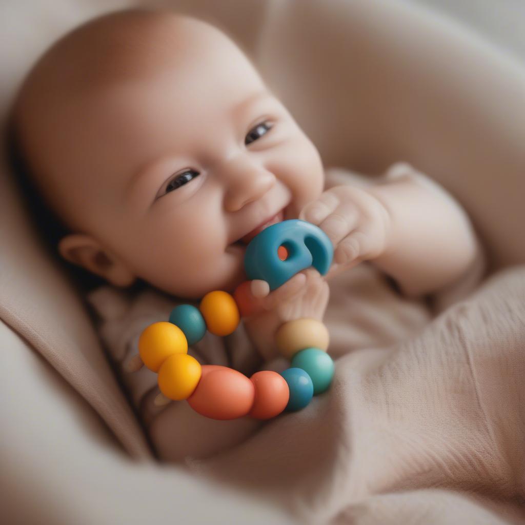 Baby happily playing with a wooden rattle and teether