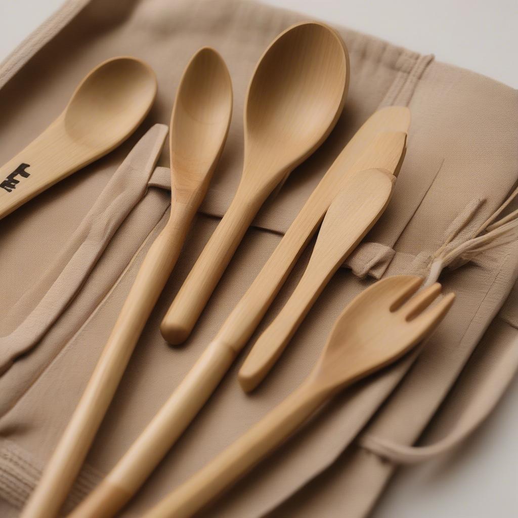 Eco-friendly bamboo cutlery set in a travel pouch.