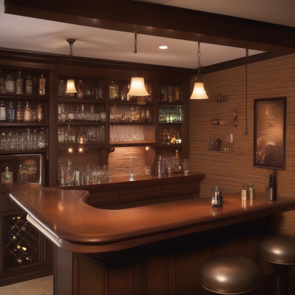 Bar wall decor showcasing effective lighting and accessories.