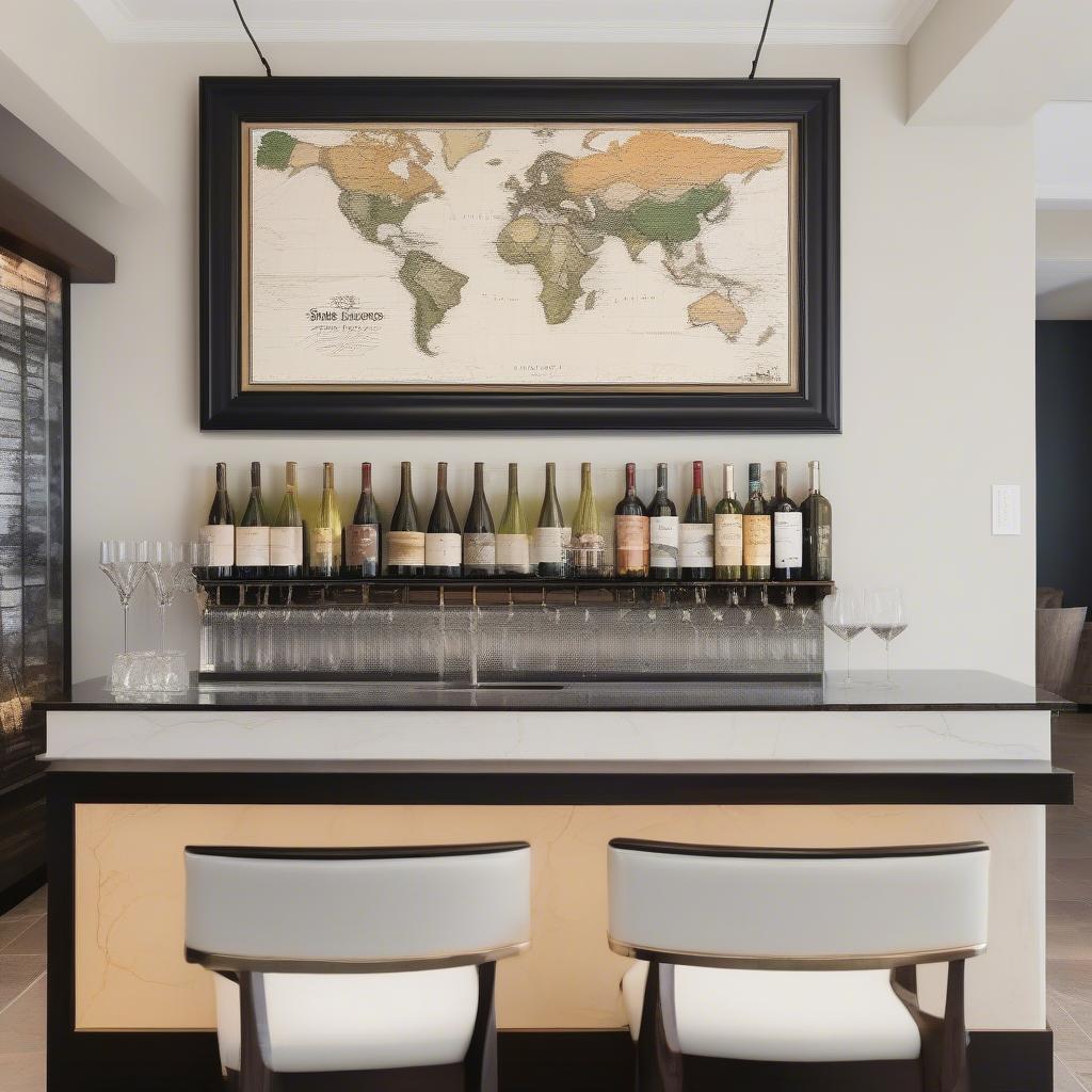 Framed Wine Map Above a Home Bar