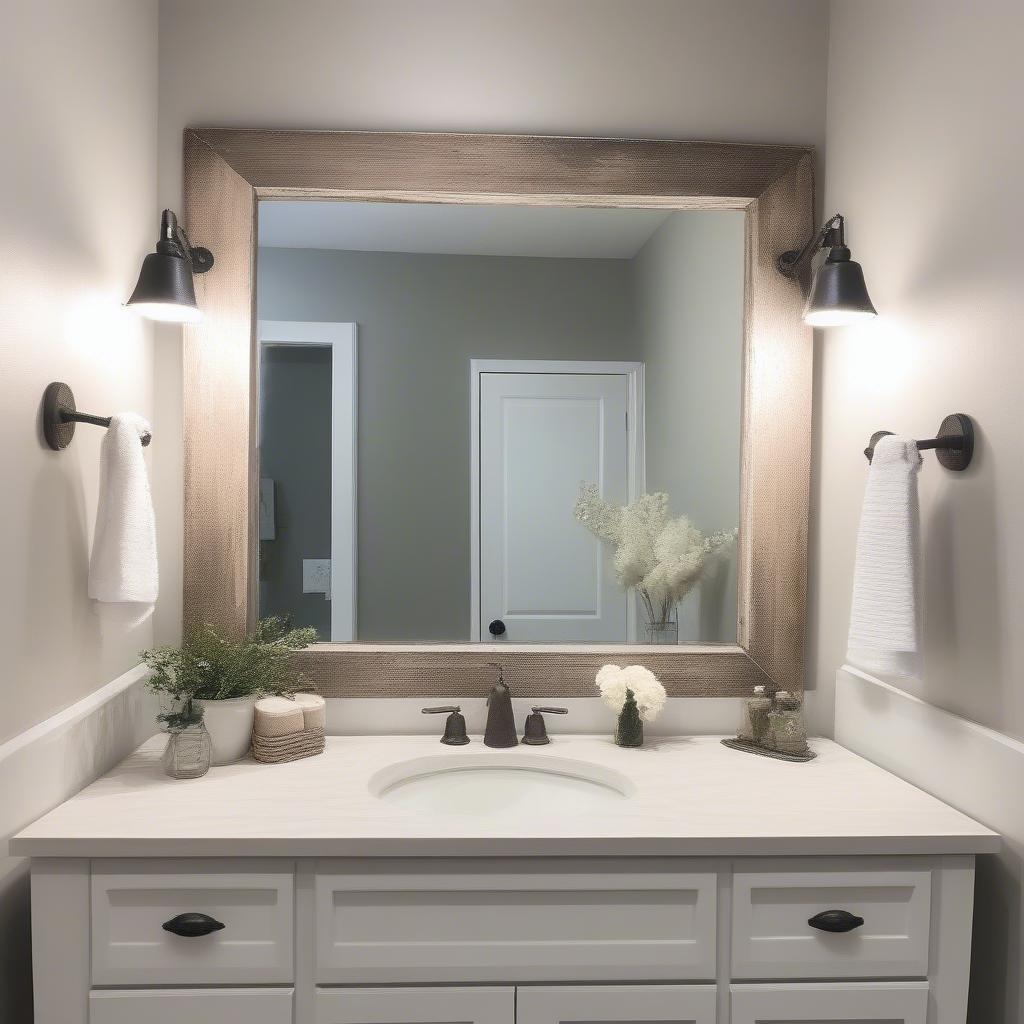 Barn style mirror in a bathroom