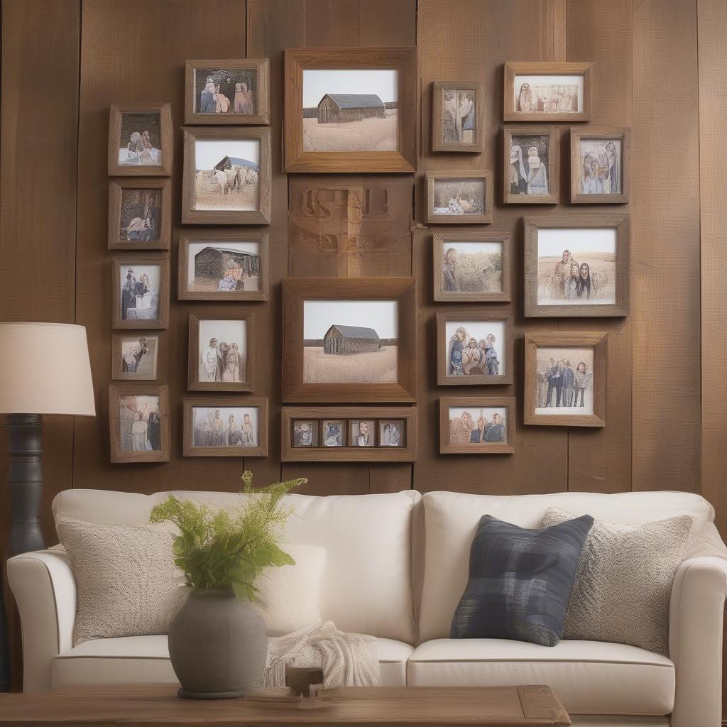 Barn wood collage picture frames displayed in a living room setting