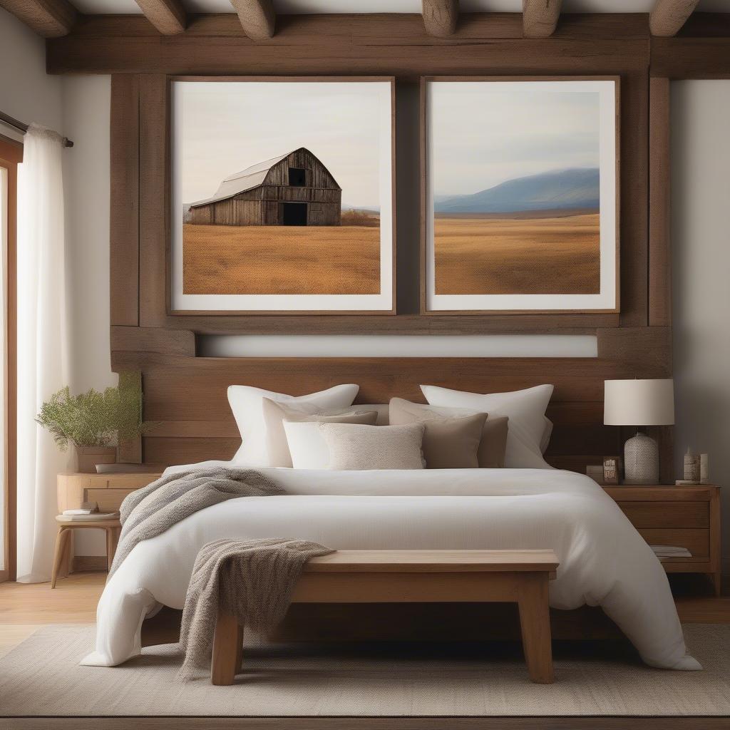 Barn wood frame adds a rustic touch to a bedroom