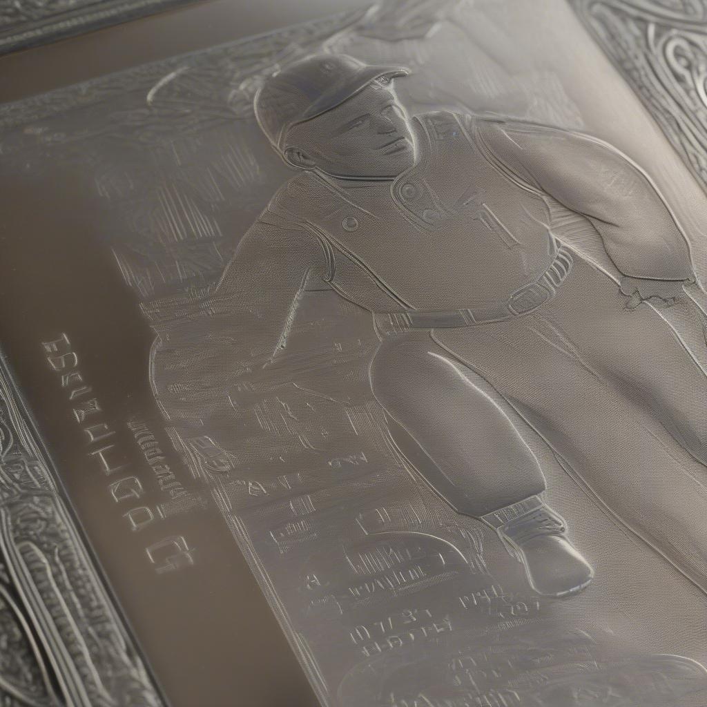 Close-up of a vintage baseball card printing plate showcasing intricate details and the etched image of a player.