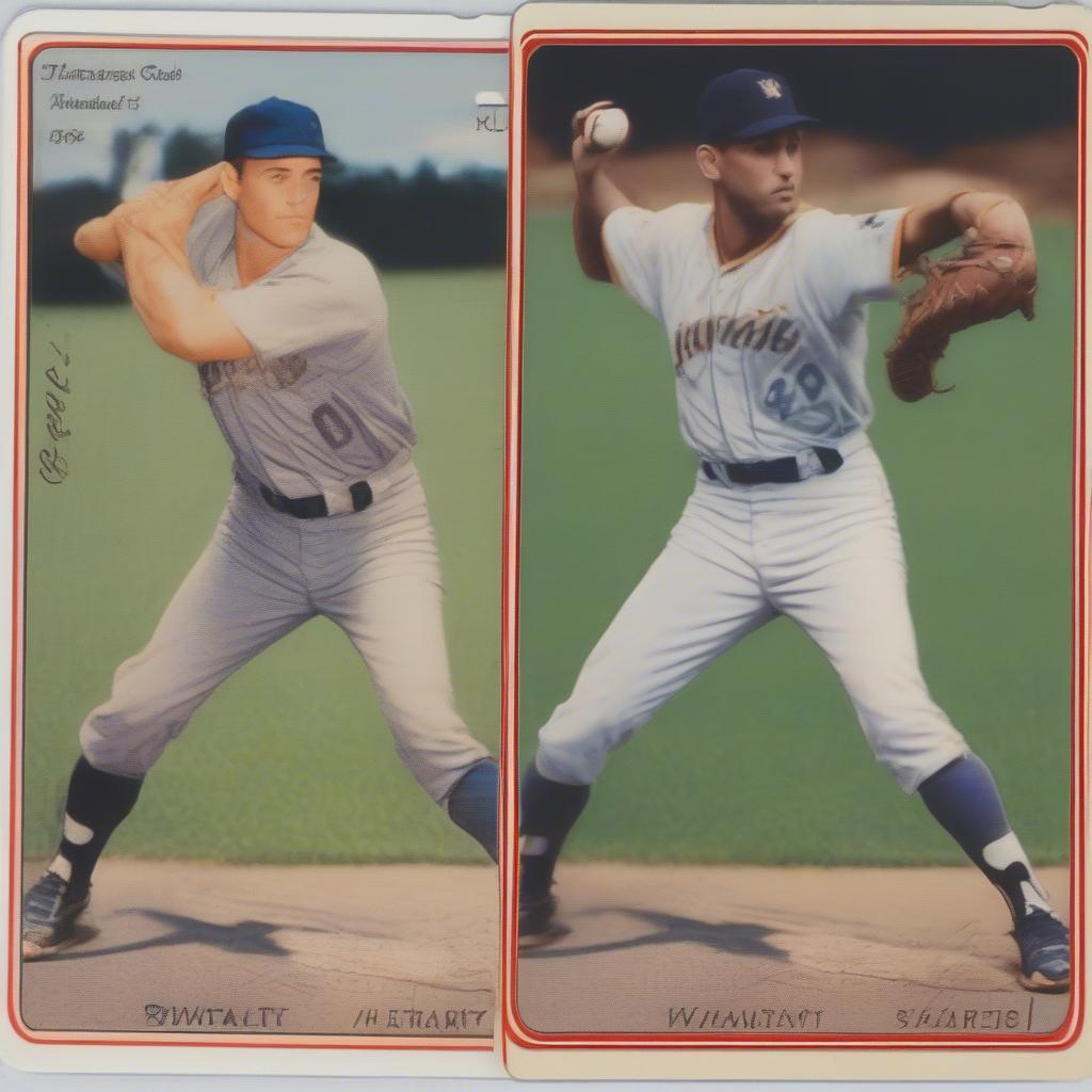 Comparison of baseball cards printed from different plates, highlighting variations in color and alignment.