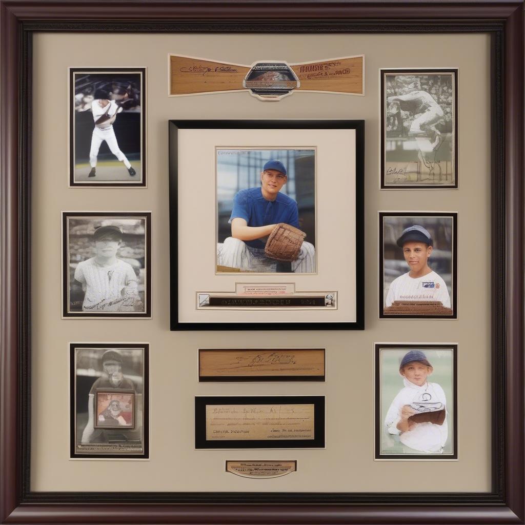 Showcase of various baseball picture frames with different memorabilia