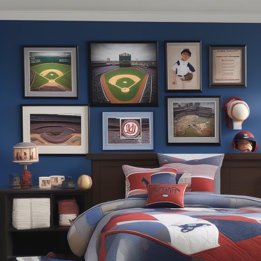 Baseball-themed canvas prints decorate a boy's bedroom, creating a sporty and personalized space.