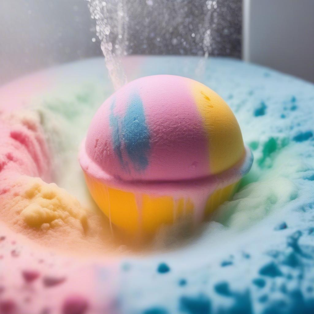 A Colorful Bath Bomb Fizzing in a Tub