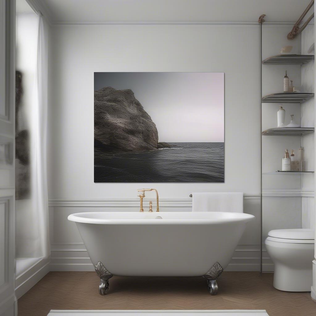 Bathroom canvas art displayed above the bathtub