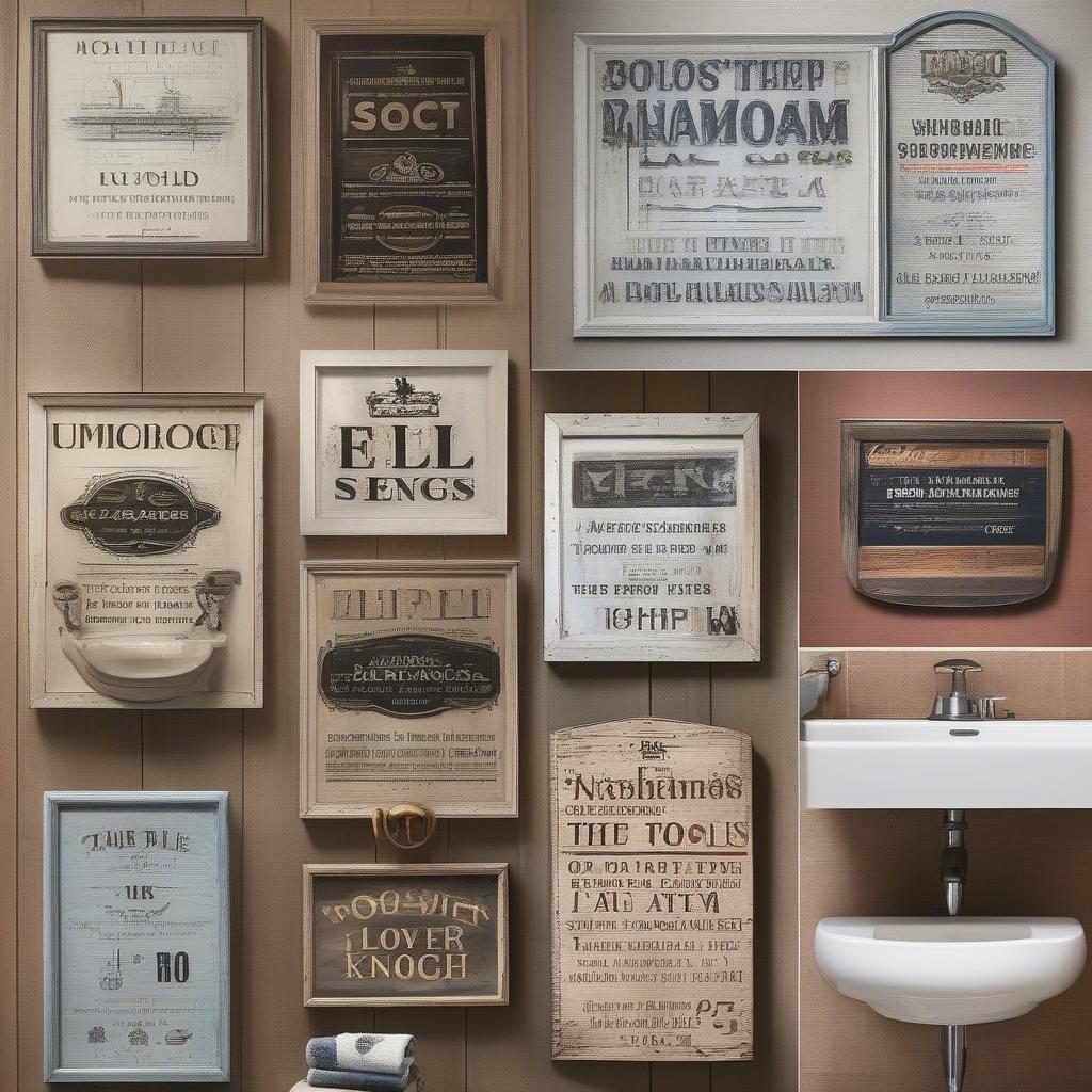 Bathroom decor signs showcasing various styles like vintage and modern.